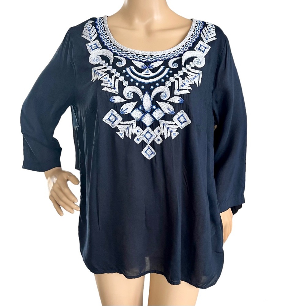 Stylus Embroidered Peasant Top Simi Sheer Navy Blue